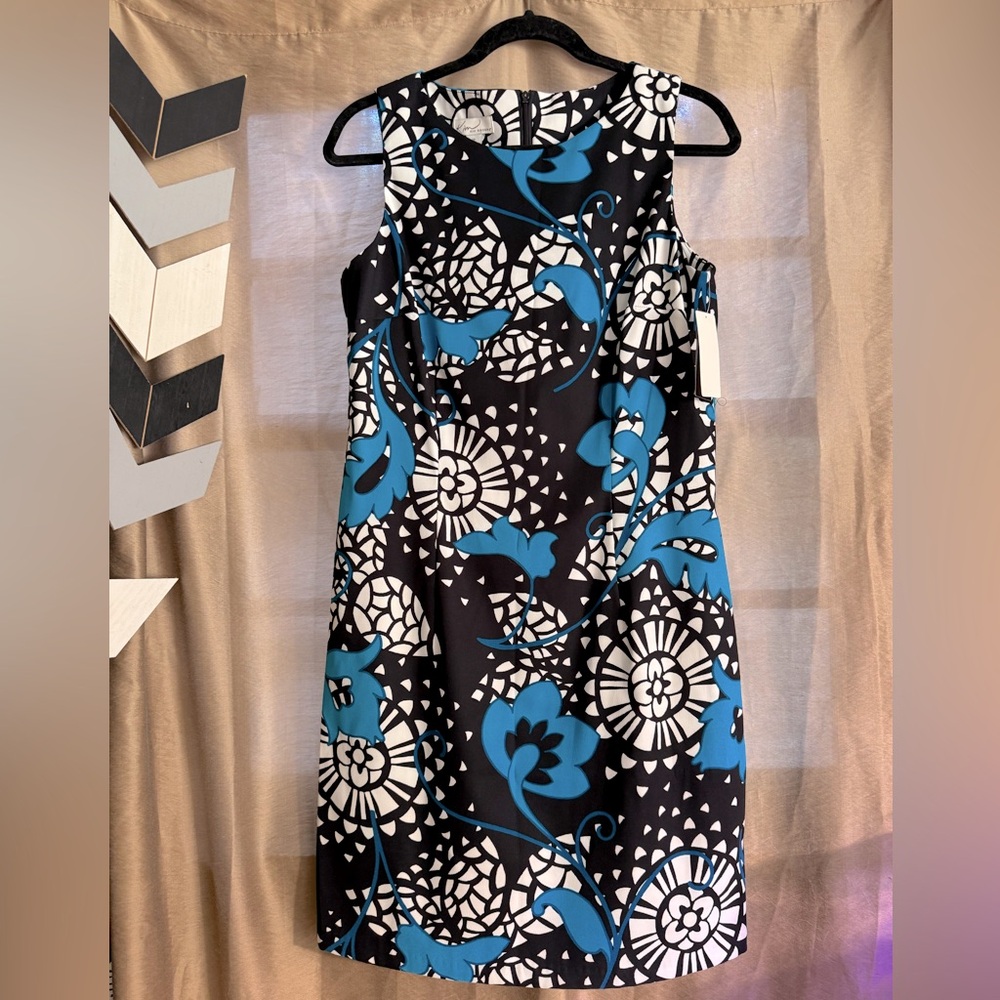 Kim Rogers Sleeveless Sheath Dress Black White Blue Floral Print Size 12 NWT